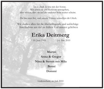 Traueranzeige von Erika Deitmerg von Tageszeitung