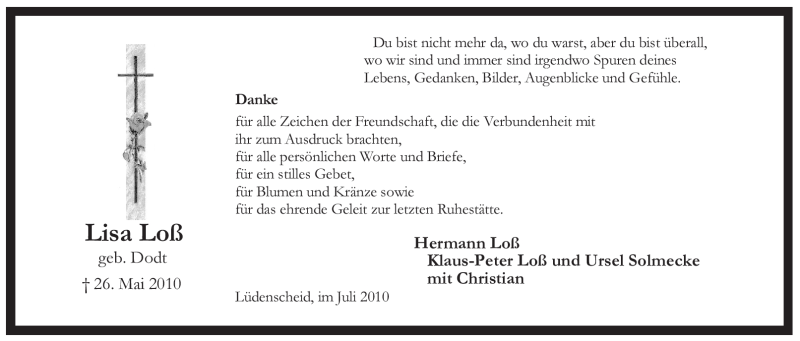  Traueranzeige für Lisa Loß vom 03.07.2010 aus Tageszeitung