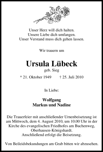 Traueranzeige von Ursula Lübeck von Tageszeitung