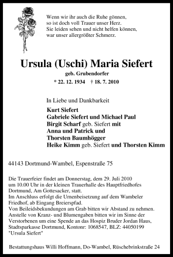 Traueranzeige von Ursula Maria Siefert von Tageszeitung