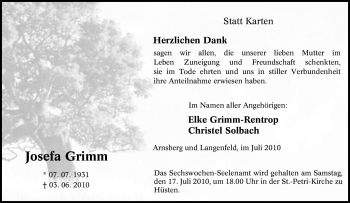 Traueranzeige von Josefa Grimm von Tageszeitung