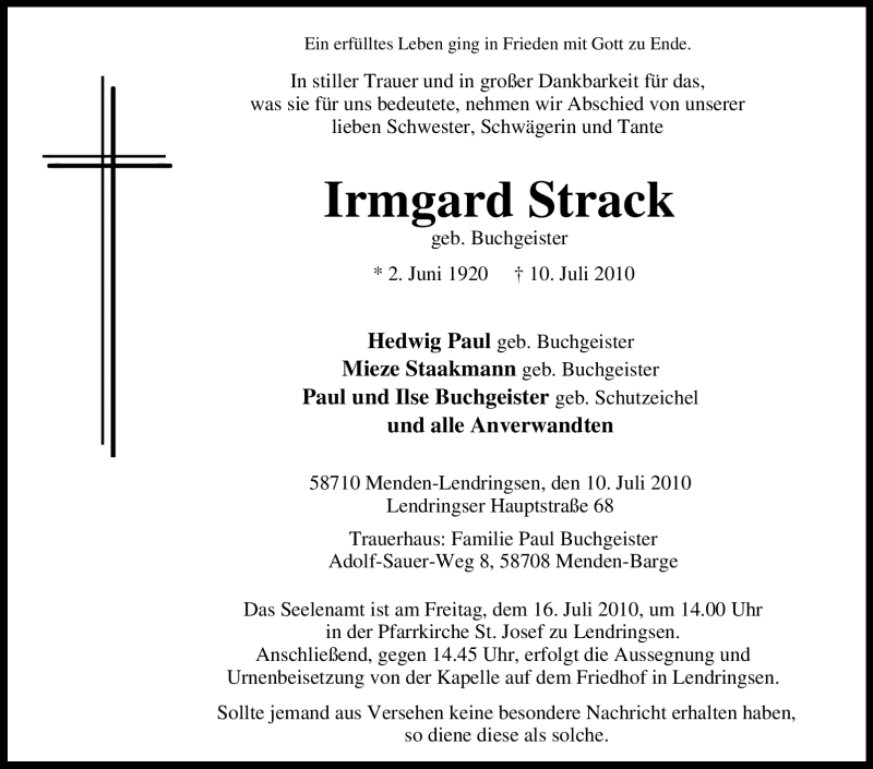  Traueranzeige für Irmgard Strack vom 13.07.2010 aus Tageszeitung