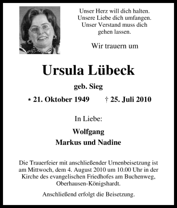 Traueranzeige von Ursula Lübeck von Tageszeitung