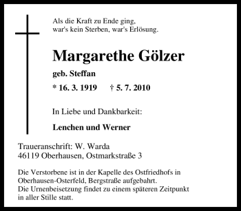 Traueranzeige von Margarethe Gölzer von Tageszeitung
