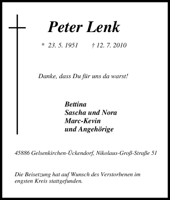 Traueranzeige von Peter Lenk von Tageszeitung