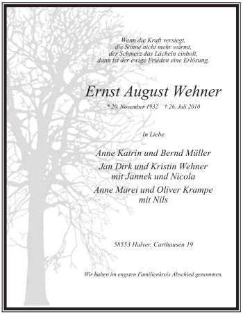 Traueranzeige von Ernst August Wehner von Tageszeitung