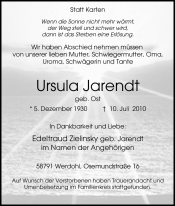 Traueranzeige von Ursula Jarendt von Tageszeitung