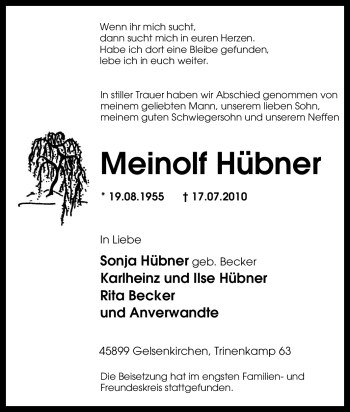 Traueranzeige von Meinolf Hübner von Tageszeitung