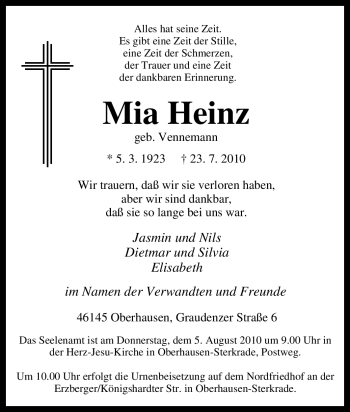 Traueranzeige von Mia Heinz von Tageszeitung