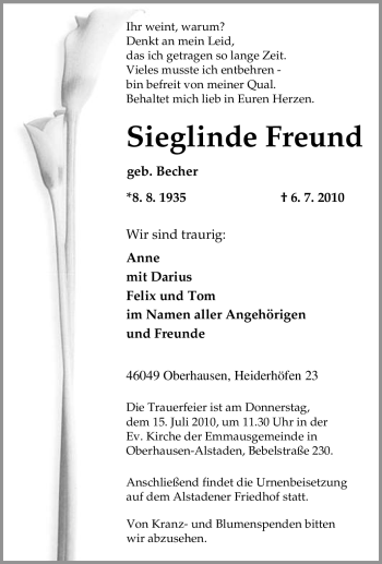 Traueranzeige von Sieglinde Freund von Tageszeitung