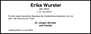 Traueranzeige von Erika Wurster von Tageszeitung