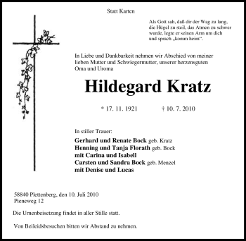 Traueranzeige von Hildegard Kratz von Tageszeitung