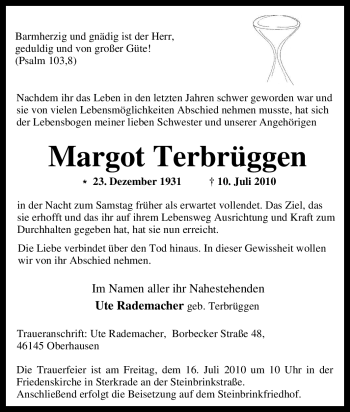 Traueranzeige von Margot Terbrüggen von Tageszeitung