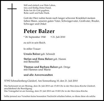 Traueranzeige von Peter Balzer von Tageszeitung