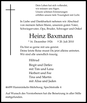 Traueranzeige von Heinz Baxmann von Tageszeitung