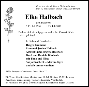 Traueranzeige von Elke Halbach von Tageszeitung