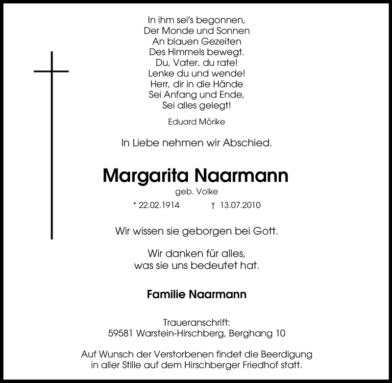  Traueranzeige für Margarita Naarmann vom 15.07.2010 aus Tageszeitung