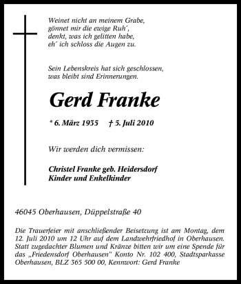 Traueranzeige von Gerd Franke von Tageszeitung