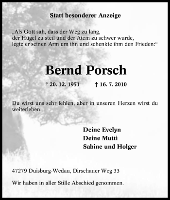 Traueranzeige von Bernd Porsch von Tageszeitung
