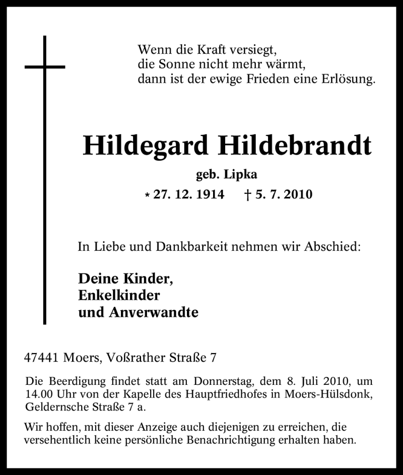  Traueranzeige für Hildegard Hildebrandt vom 07.07.2010 aus Tageszeitung