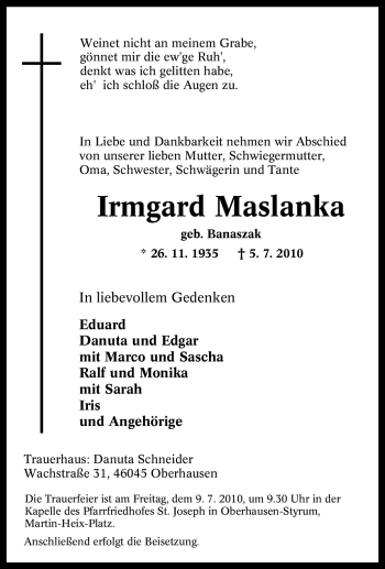 Traueranzeige von Irmgard Maslanka von Tageszeitung