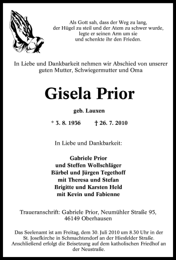 Traueranzeige von Gisela Prior von Tageszeitung