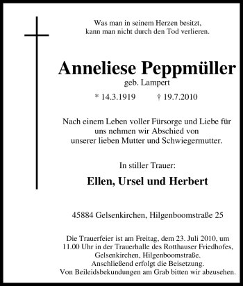 Traueranzeige von Anneliese Peppmüller von Tageszeitung