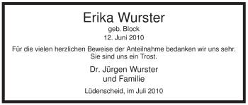 Traueranzeige von Erika Wurster von Tageszeitung