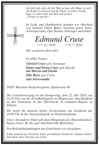 Traueranzeige von Edmund Cruse von Tageszeitung