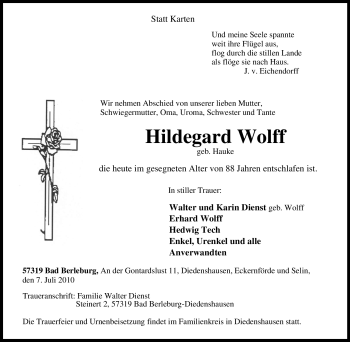 Traueranzeige von Hildegard Wolff von Tageszeitung