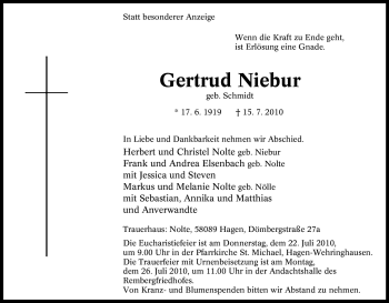 Traueranzeige von Gertrud Niebur von Tageszeitung