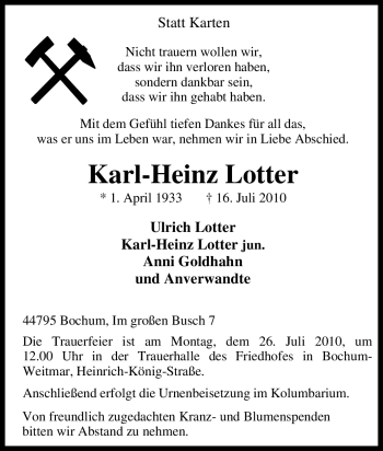 Traueranzeige von Karl-Heinz Lotter von Tageszeitung