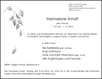 Traueranzeige von Hannelore Arndt von Tageszeitung