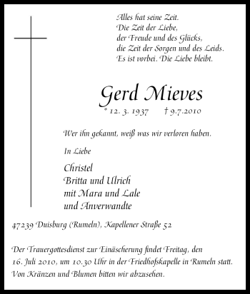 Traueranzeige von Gerd Mieves von Tageszeitung