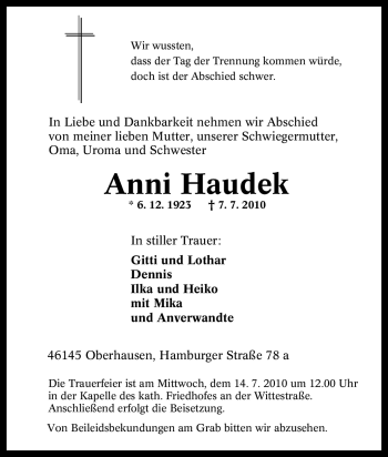 Traueranzeige von Anni Haudek von Tageszeitung