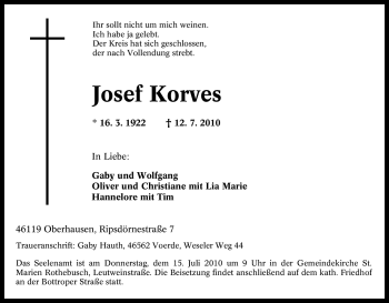 Traueranzeige von Josef Korves von Tageszeitung