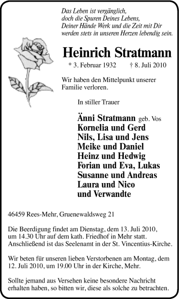 Traueranzeige von Heinrich Stratmann von Tageszeitung