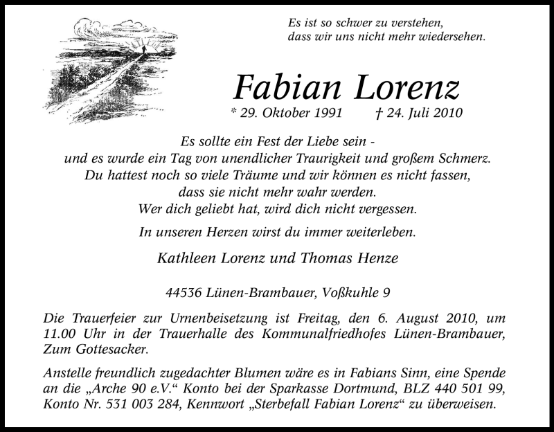  Traueranzeige für Fabian Lorenz vom 31.07.2010 aus Tageszeitung