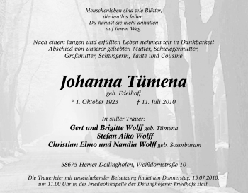 Traueranzeige von Johanna Tümena von Tageszeitung