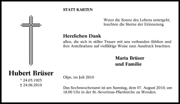 Traueranzeige von Hubert Brüser von Tageszeitung