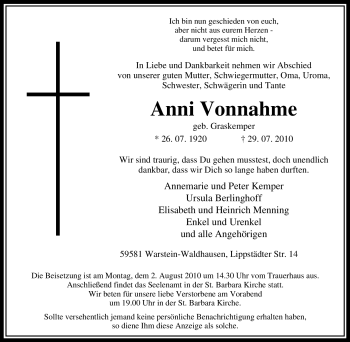 Traueranzeige von Anni Vonnahme von Tageszeitung