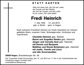 Traueranzeige von Fredi Heinrich von Tageszeitung