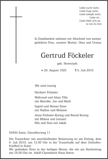 Traueranzeige von Gertrud Föckeler von Tageszeitung