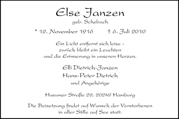 Traueranzeige von Else Janzen von Tageszeitung