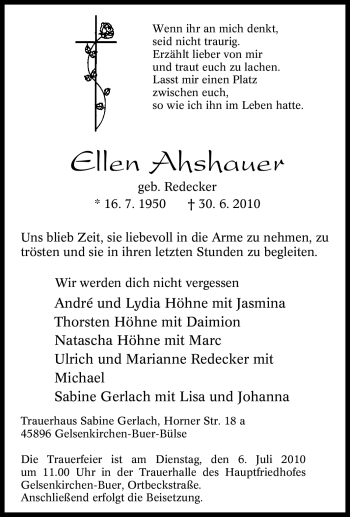 Traueranzeige von Ellen Ahshauer von Tageszeitung