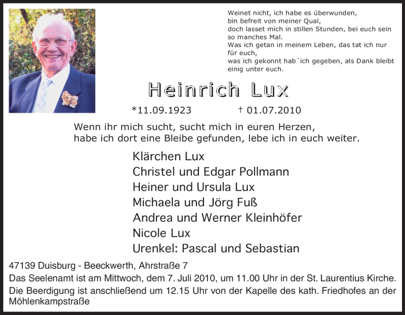 Traueranzeige für Heinrich Lux vom 03.07.2010 aus Tageszeitung