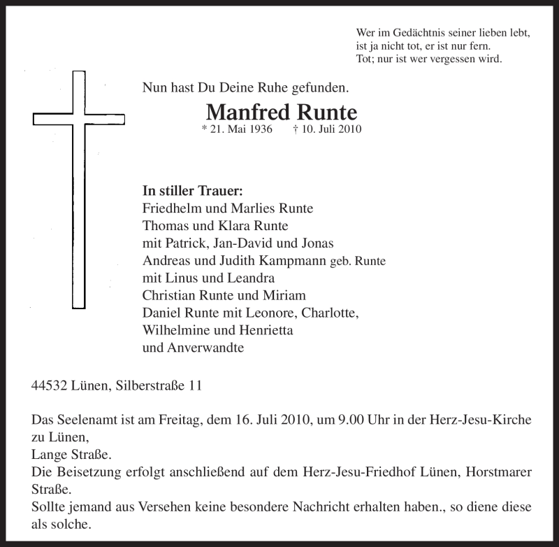 Traueranzeigen von Manfred Runte | Trauer-in-NRW.de