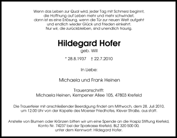 Traueranzeige von Hildegard Hofer von Tageszeitung