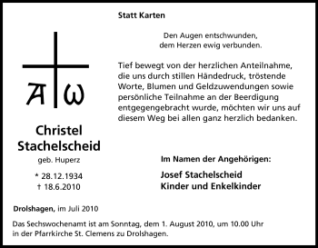 Traueranzeige von Christel Stachelscheid von Tageszeitung