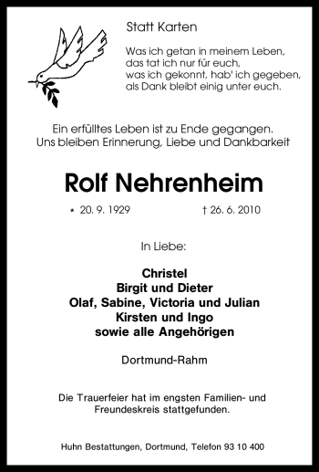 Traueranzeige von Rolf Nehrenheim von Tageszeitung